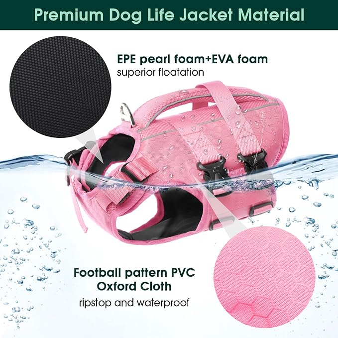 Kuoser Dog Life Jacket High Flotation, Reflective Dogs Life Vest for Swimming Boating, Adjustable Small Medium Large Dog lifejacket, Lightweight Dogs Life Preserver Rescue Handle Spring Summer Pool