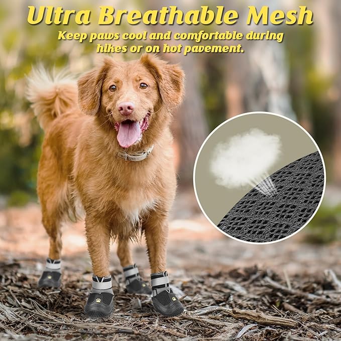 LUCKYPAW Dog Shoes for Large Medium Dogs, Breathable Dog Boots for Hot Pavement, Paw Protectors for Summer Walking Hiking Winter Snow Outdoor, Non Slip Reflective Booties for Hardwood Floor (Black, 7)