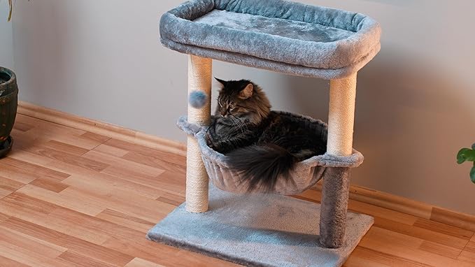 24-inch Cat Tree for Indoor Cats & Kittens – Multi-Level Cat Tower with Hammock & Scratching Post – Sturdy Perch for Large Cats – Space-Saving Small Cat Bed – Light Gray