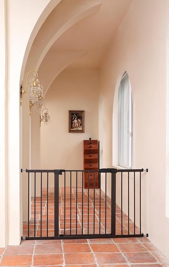 29"-57" Baby and Pet Safety Gate, 30" Tall Metal Walk-Thru Gate for Doorways & Stairs, Easy One-Hand Open, Dual Lock, Extensions & Wall Mounts Included (Brown, 29"-57" W x 30.5“H)