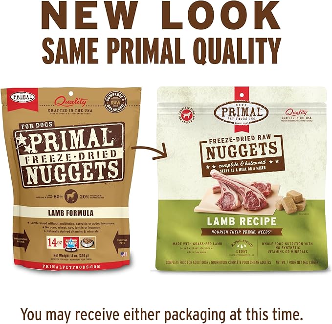 Primal Freeze Dried Raw Dog Food Nuggets, Lamb, Complete & Balanced Meal, Also Use as Topper or Treat, Premium, Healthy, Grain Free, High Protein Raw Dog Food, 5.5 oz