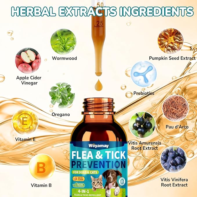 4-IN-1 Flea and Tick Prevention Drops for Dogs and Cats, Natural Cat & Dog Flea and Tick Treatment, Supports Flea Defense, Gut Health, Skin & Coat Nourishment, and Immune Support, Bacon Flavor