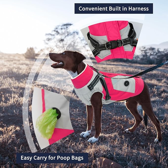 IECOii Large Dog Coat with Harness Built in - Rosered, Large - Waterproof Windproof Dog Winter Coat, Fleece Lined Zip Snow Jacket for Dogs Thermal Outdoor Snowsuit Cold Weather Jackets Bulldog