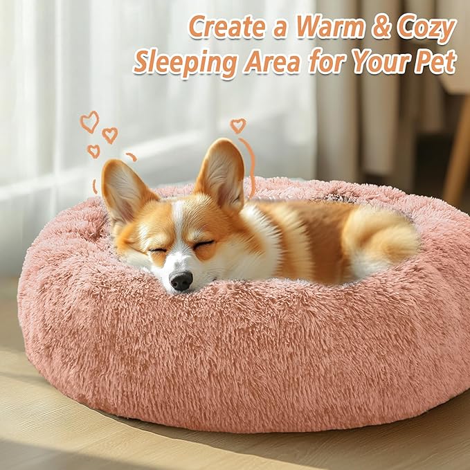 JOLLYVOGUE Medium Calming Dog Bed, Anti-Anxiety Donut Cuddler Cat Bed with Anti-Slip Bottom, Fluffy Faux Fur Machine Washable Pet Cushion for Medium Large Dog & Cat (31")