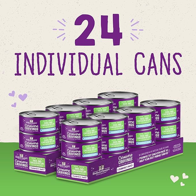 Stella & Chewy's Carnivore Cravings Purrfect Paté - Premium Grain-Free Wet Cat Food - Duck & Chicken Recipe - High Protein with Bone Broth - Perfect for Picky Eaters - 5.2oz Cans (24 Pack)