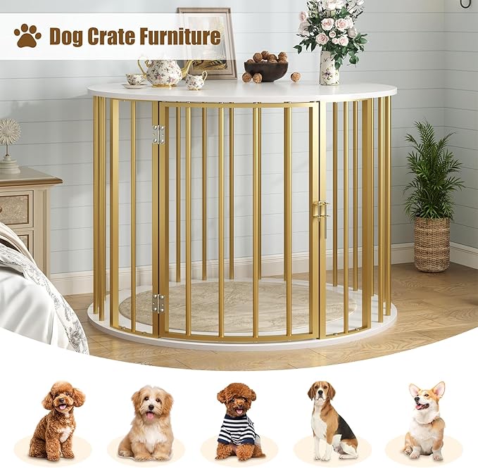 32 Inch Dog Crate Furniture for Large Medium Dogs, Wooden Dog Kennel Indoor Decorative Pet House Side End Table, Round Dog Cage, White and Gold