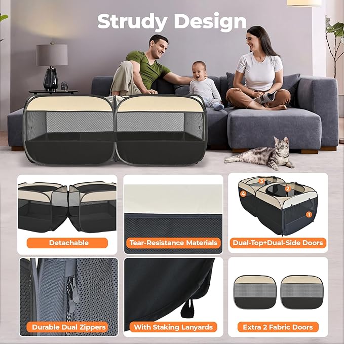 2-in-1 Pop Up Puppy Playpen, Detachable into 2 Separate Pens with Additional Doors, Assembly-Free Portable Cat Dog Crates Pet Pen Tent Kennel Kitten Enclosure Cage Indoor Outdoor Foldable Condo(L)