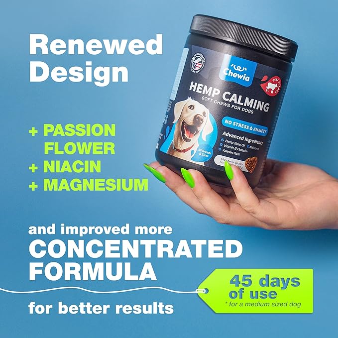 Hemp Calming Chews for Dogs - Dog Calming Treats - Anxiety Relief for Dogs with L-Theanine, Chamomile Extract, Valerian Root - Dog Anxiety Relief for Travel, Vet Visits, Thunderstorms, Nail Trimming
