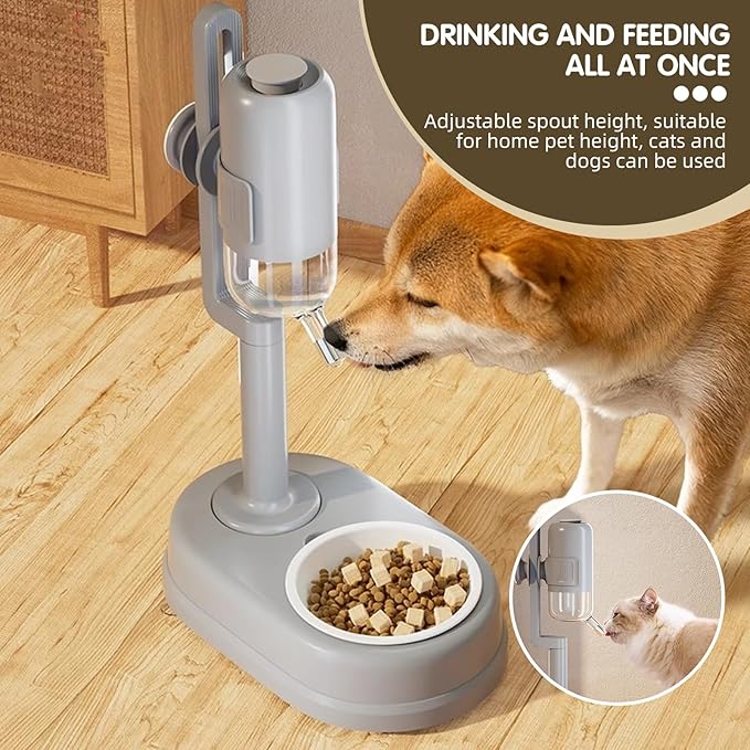 Pet Standing Water Dispenser Cat Dog Standing Ceramic Bowl Automatically Feeding Water Height Adjustable Detachable Pole (Grey, Large)