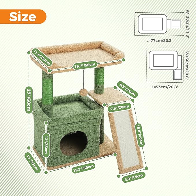 PEQULTI Small Cat Tree Cactus Cat Tower for Large Adult Cats with Wide Top Perch, Private Cat Condo and Sisal Scratching Post&Pad for Indoor Cats, Green