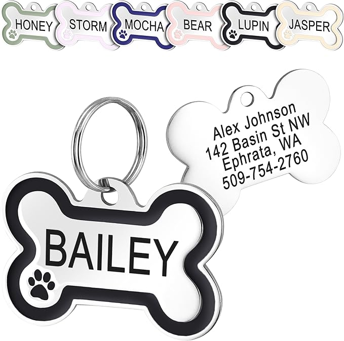 GoTags Stainless Steel Bone Dog Tag with Color Outline and Paw Print, Personalized Pet ID Tag for Dogs and Cats, Custom Engraving with up to 5 Lines of Text on Both Sides (Black, Small)
