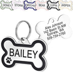 GoTags Stainless Steel Bone Dog Tag with Color Outline and Paw Print, Personalized Pet ID Tag for Dogs and Cats, Custom Engraving with up to 5 Lines of Text on Both Sides (Black, Small)