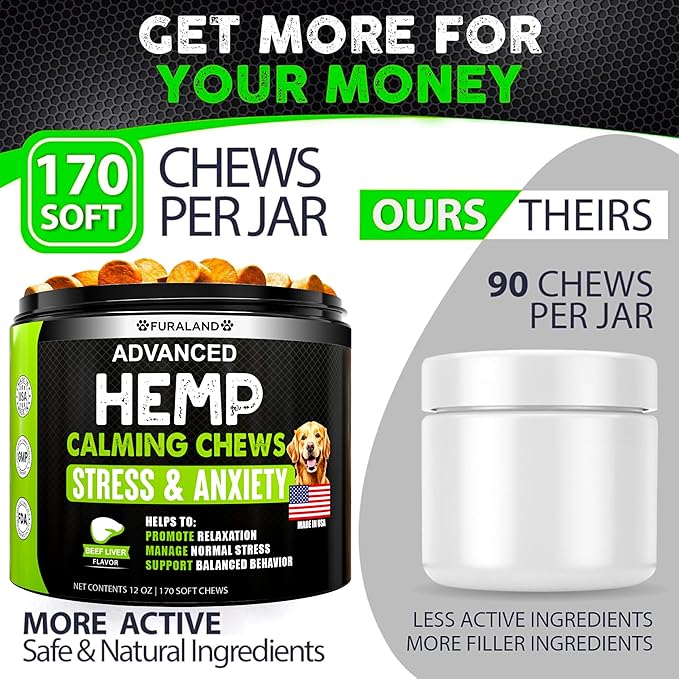 Hemp Calming Chews for Dogs - 170 Dog Calming Chews - Anxiety Relief Treats with Melatonin - Natural Aid for Stress, Separation, Fireworks, Thunder, Barking, Sleep – Pet Supplement - Made in USA