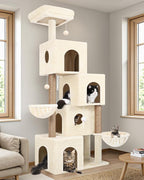 Globlazer Large Cat Tree Condos for Indoor Cats Large Adult, 70inch Tall Cat Tree Condo Tower with 4 Spacious Cat Condo Houses, 3 Sisal Scratching Posts, 2 Adjustable Hanging Baskets, F70C, Beige