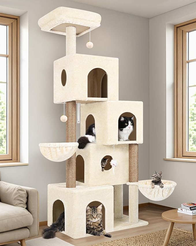 Globlazer Large Cat Tree Condos for Indoor Cats Large Adult, 70inch Tall Cat Tree Condo Tower with 4 Spacious Cat Condo Houses, 3 Sisal Scratching Posts, 2 Adjustable Hanging Baskets, F70C, Beige