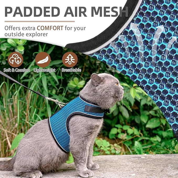 PUPTECK Soft Mesh Cat Vest Harness and Leash Set Puppy Padded Pet Harnesses Escape Proof for Cats Small Dogs (X-Large, Lake Blue)