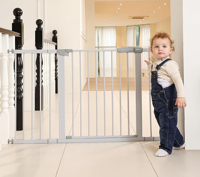 29"-57" Baby and Pet Safety Gate, 30" Tall Metal Walk-Thru Gate for Doorways & Stairs, Easy One-Hand Open, Dual Lock, Extensions & Wall Mounts Included (Gray, 29" x 57" x 30“ )