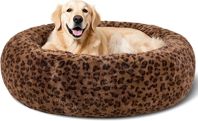Dog Calming Beds for Small Medium Large Dogs - Round Donut Washable Puppy Dog Bed, Anti-Slip Faux Fur Fluffy Donut Cuddle Anxiety Cat Pet Bed (36" Leopard Print)