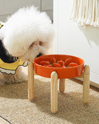 LE TAUCI Ceramic Slow Feeder Puzzle Bowl Elevated 1.5 Cup with Wooden Stand for Small & Medium Dog, Fast Eater Food Bowl Sun Orange