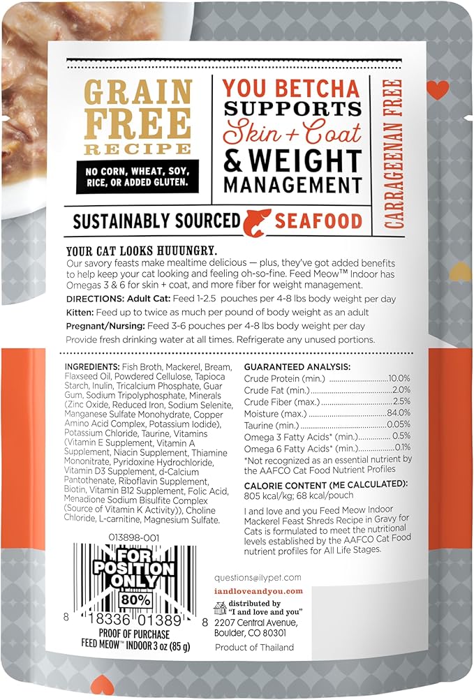 I AND LOVE AND YOU Feed Meow Indoor Wet Cat Food - Mackerel - Packed with Protein and Fiber, Grain Free, Shredded, 3oz Pack of 12