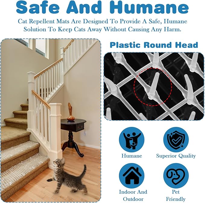 13Ft x 12 Inch Scat Mats for Cats with 12 Ground Stakes 12 Zip Ties, Cat Repellent Mats Training Plastic Cat Scat Mat with Spikes, Cats Digging Stopper Prickle Strip for Indoor Outdoor Sofa Furniture