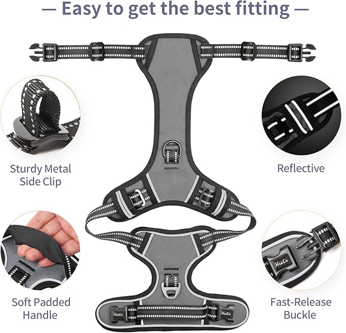 HEELE Dog Harness, No Pull Adjustable Padded Reflective Harness for Small Medium Large Dogs with Handle for Walking Training, Grey, XL