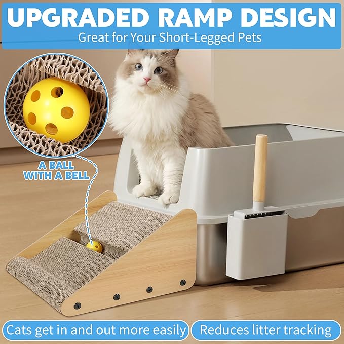 ROYALAY Litter Box Ramp for Elder Cats & Kitten,Corrugated Paper Cat Scratcher Post, Cat Scratching Board with a Ball for Control Cat Litter Suitable for the Second Generation Automatic Cat Litter Box