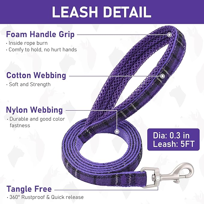 GAMUDA Small Dog Harness Collar and Leash Set, Step in No Chock No Pull Soft Mesh Adjustable Dog Vest Harnesses Plaid Reflective for Dogs Puppy Cats Kitten Rabbit (Purple, XXS)
