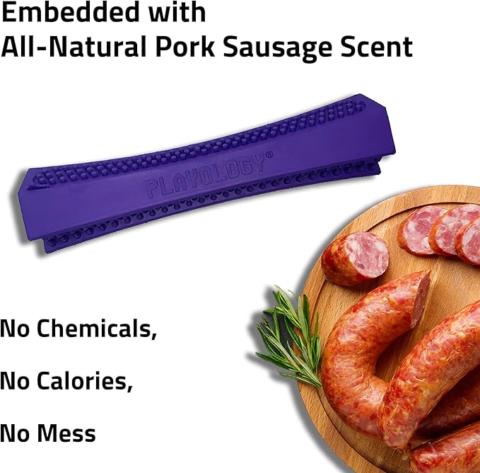 Playology Dog Toys | Dental Chew Stick Gentle on Gums | Medium Pork Sausage Scented Toy - Easy to Clean and Made from Non Toxic Materials