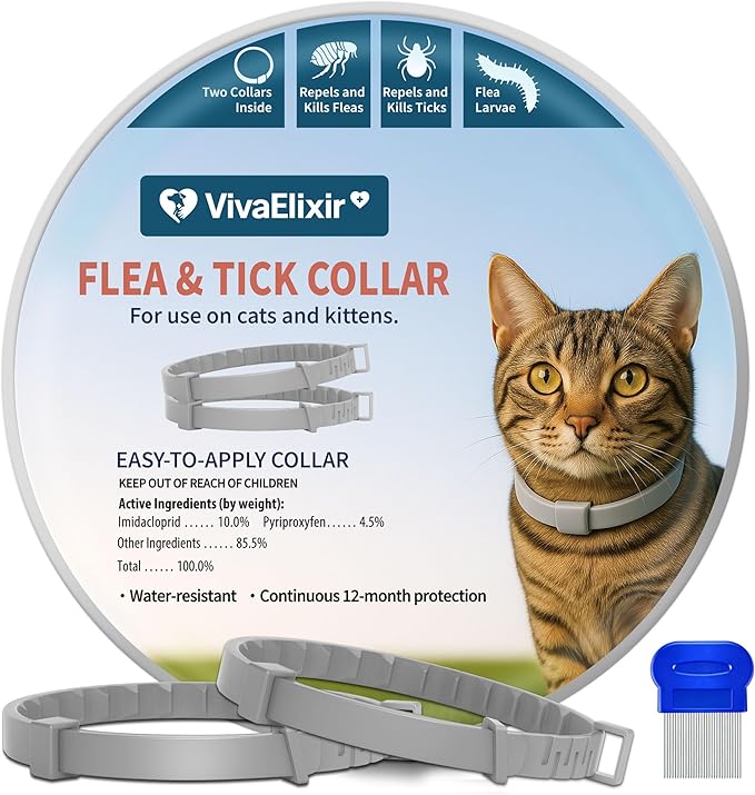 Flea and Tick Collar for Cats 2 Pack, 12 Months of Cat Flea Collar Protection 2 Collars Made with Premium Plant Based Essential Oil Waterproof and Natural Treatment Prevention Free Comb