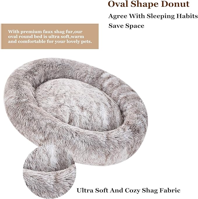 Coohom Oval Calming Donut Cuddler Dog Bed,Shag Faux Fur Cat Bed Washable Round Pillow Pet Bed(30"/36"/43") for Medium Dogs (XL(36"x27"x7"),Light Brown)