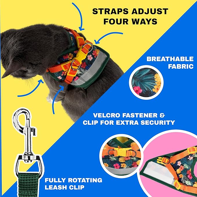 Travel Cat Harness and Leash Set - Adjustable Fit Mesh Cat Harness and Reflective Strap - Comfort Walking Vest for Kitten for Outdoor Walking, Hiking (XS, Hawaiian)