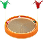 Extra-Large Round Cat Scratcher with Ball Track – 3-in-1 Circular Cardboard Scratching Pad with Feather Toys – Interactive Cat Toy Round Track for Indoor Cats, Kitten Play Lounge Board (Orange)