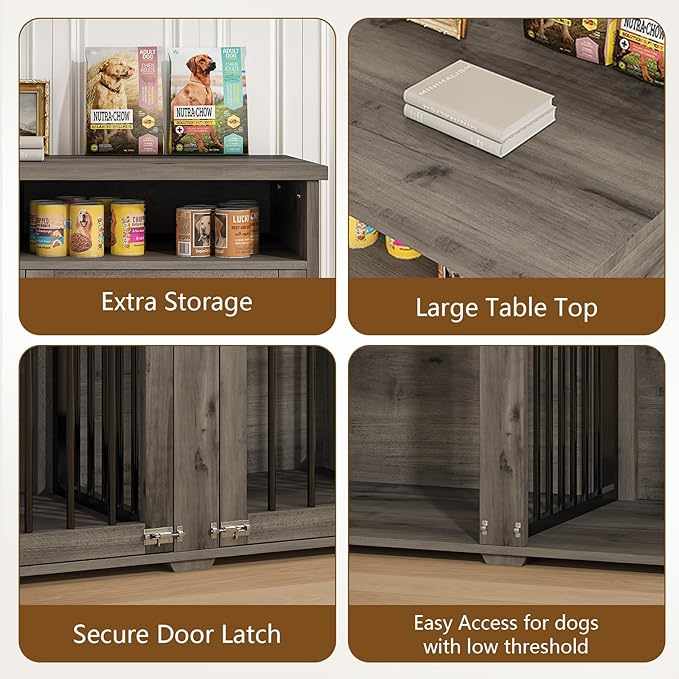 Furniture Dog Crate for Two Dogs, 41 Inch Furniture Style Dog Kennel with Removable Divider and Thickened Desktop, Heavy-Duty Base for Small to Medium Dogs, Grey