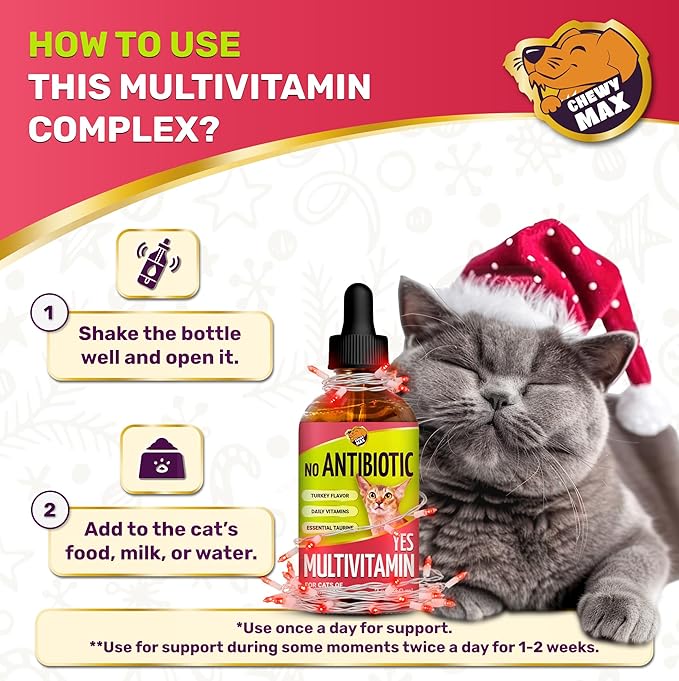 Cat Multivitamin Complex with Turkey Flavor – Natural Cat Antibiotic Liquid Alternative to Help with Allergies, UTIs & Cough – Herbal No Antibiotic Yes Multivitamin for All Breeds – 2 Oz