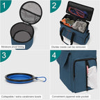 Modoker Dog Travel Bag, Weekend Pet Travel Set for Dog and Cat, Airline Approved Tote Organizer with Multi-Function Pockets, 2 Food Storage Containers, 2 Collapsible Bowls, 1 Feeding Mat (Blue)