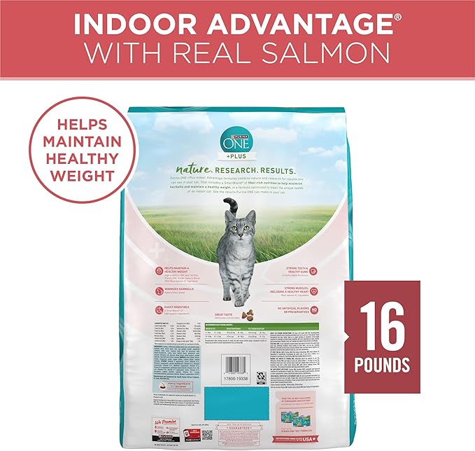 Purina ONE Natural Low Fat, Indoor Dry Weight Control High Protein Cat Food Plus Indoor Advantage With Real Salmon - 16 lb. Bag