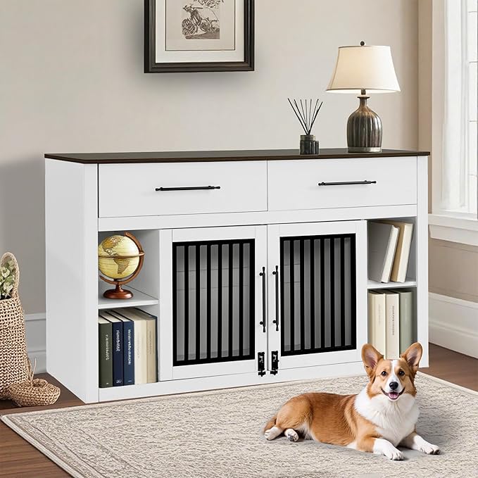 Lovupet Wooden Dog Crate Furniture, Pet House End Table with Large Drawers, Pet Crate for Small/Medium Dogs 1858 (White and Brown)