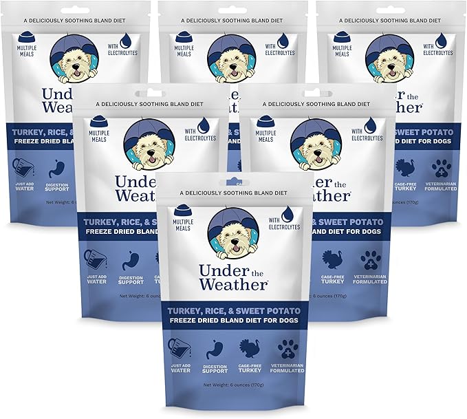 Under the Weather Bland Diet for Dogs | Easy to Digest for Sick Dogs |Always Be Ready| Contains Electrolytes - All Natural Freeze Dried 100% Human Grade Meats| 6 Pack- Rice Turkey & Sweet Potato - 6oz