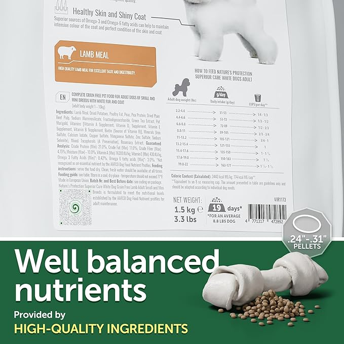 Nature's Protection Grain Free Dry Dog Food for Small Breed - High Protein, Tear Stain Diet for Adult Dogs with Light Fur, Small Bites Kibble (Superior Care - Lamb, 22 lb)