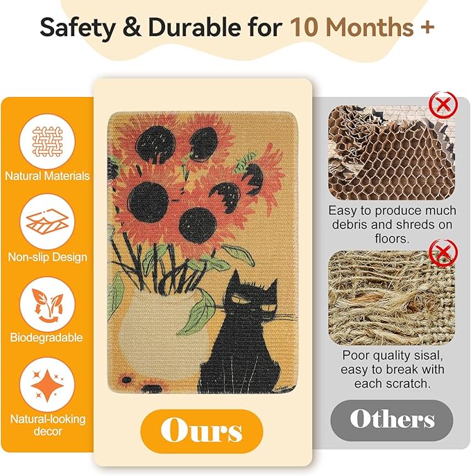 3-in-1 Sisal Cat Scratch Mat Sunflower 23.6x15.7'' Floor & Wall Cat Scratcher Pad, Protects Carpet Couch & Furniture with Sticker Tape, Anti-Slip, Durable for Indoor Outdoor Cats