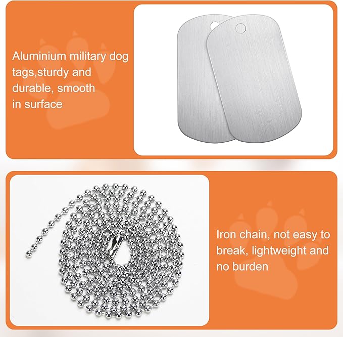 100 Pcs Military Dog Tags Set, 50 Pcs Aluminum Blank Dog Tags and 50 Pcs Iron Necklace Chain, Dog Tags Engraved for Pets, Perfect for DIY Decorative Craft Pet Dog ID Tags, Silver