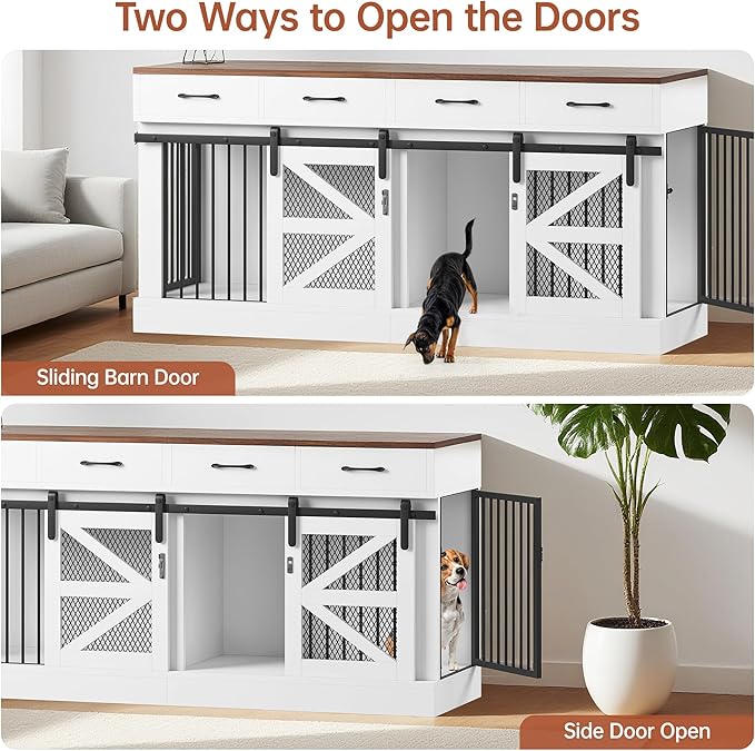 71" Large Dog Crate for 1 or 2 Dogs, Indoor Wooden Dog Cage with Removable Divider & 4 Storage Drawers - Heavy Duty Dog Kennel Furniture, Multi-Functional Pet Crates for Large/Medium Dogs,TV Stand