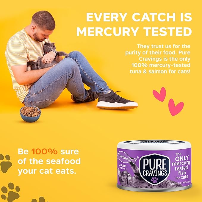 Wet Cat Food Canned Sardines Cutlets in Gravy, Every Catch is Mercury-Tested, Moist Can Fish for Cats, Grain-Free, Protein, Non-GMO, Pack of 12