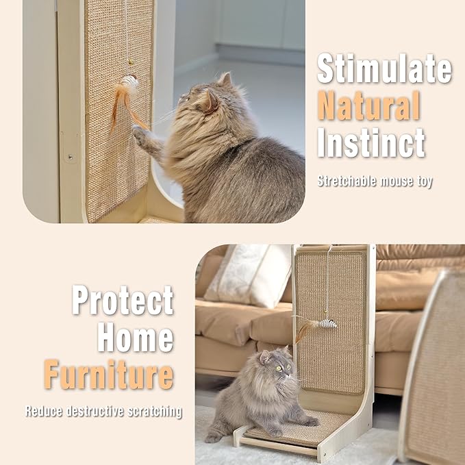 Meeyoview Vertical Sisal Cat Scratcher, 27.5'' L Shape Scratching Post, Upright Scratching Pad for Indoor Cats, Solid Wooden Furniture Protector with Catnip