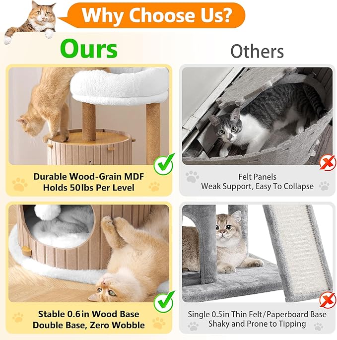 Modern Cat Tree for Indoor Cats, 36in H Cat Condo Tower with Scratching Posts, Cozy Cat Bed Cave, Washable Cushions, Dangling Balls, Play & Nap Structure for All Breeds of Cats, Brown & White