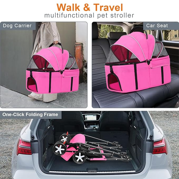 3 in 1 Pet Dog Stroller for Small Medium Dogs 10-50 lbs, Foldable Cat-Strollers for 2-Cats with Removable Carrier, Pet-Strollers for Cats with Storage Bag, Small Puppy-Stroller, Dog-Cart (Pink)