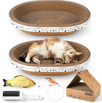 4PCS 2 Corrugated Cat Scratcher Lounge Bowl,1 Scratching Pad Cardboard with House,1 Brush, Oval Cat Bed for 2 Cats, Scratch Board for Cats, Cute Round Cat Lounger Scratcher for Furniture Protection