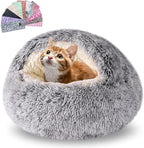 Calming Dog Beds & Cat Cave Bed with Hooded Cover,Washable Round Beds for Small Medium Pets,Anti-Slip Faux Fur Fluffy Coved Bed,Comfortable Warming Pet Bed (16 * 16inch,Grey)