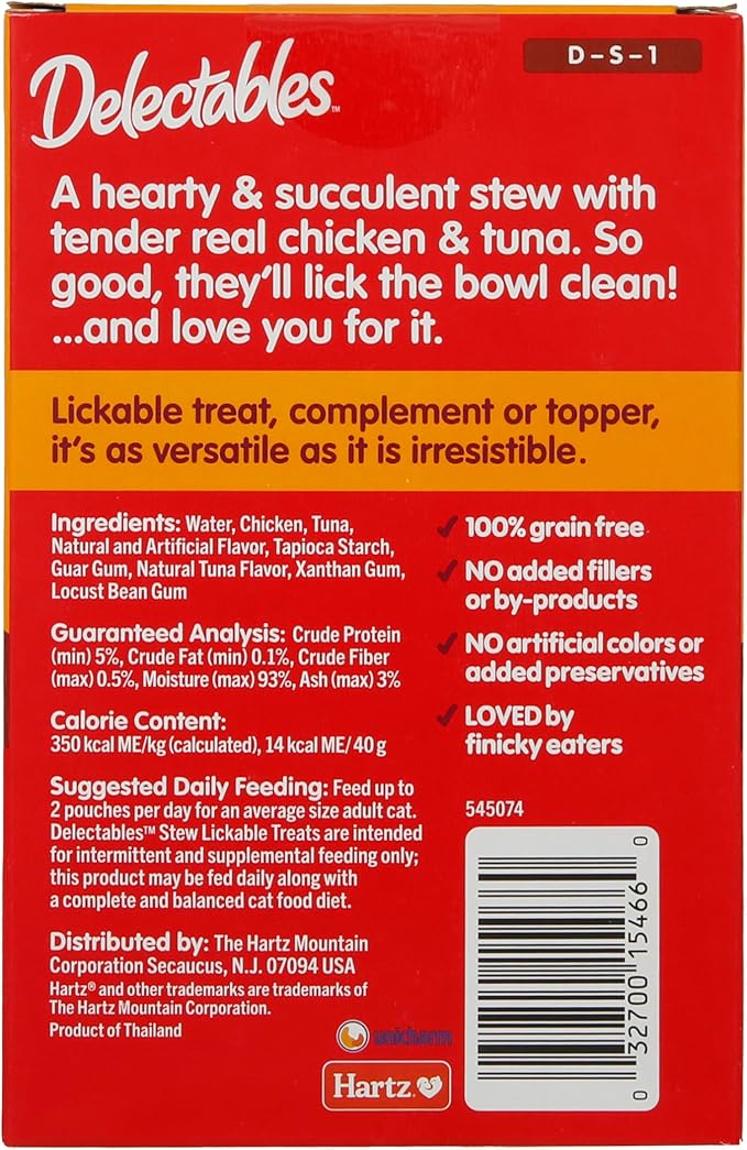Hartz Delectables Lickable Treat Stew Chicken & Tuna, Food Topper, Hydrating, Grain-Free, No Fillers, No by-Products, No Added Preservatives, 1.4oz Pouch, 30 Count